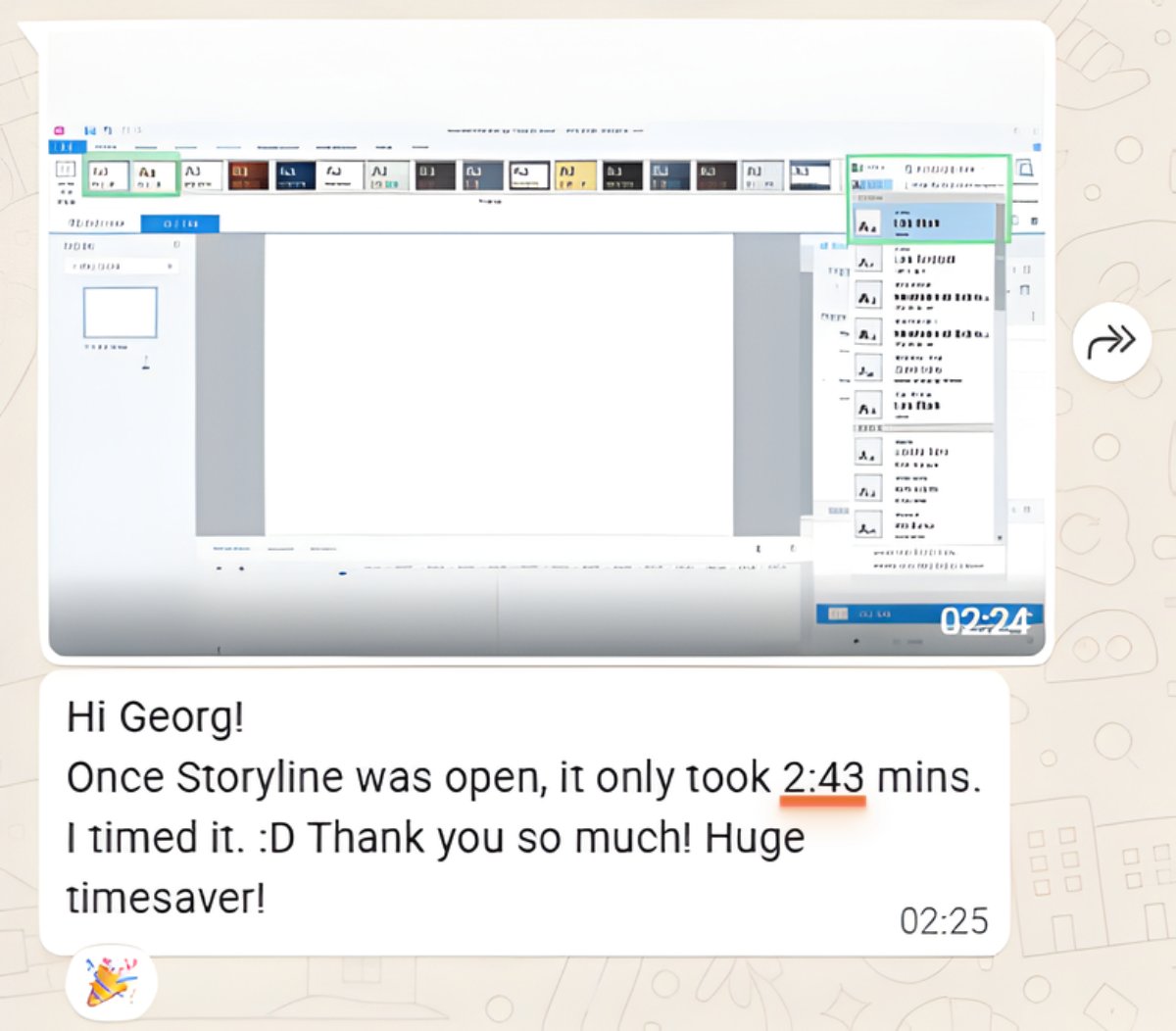 WhatsApp message from a former client: 2:43 minutes from blank project to finished theme